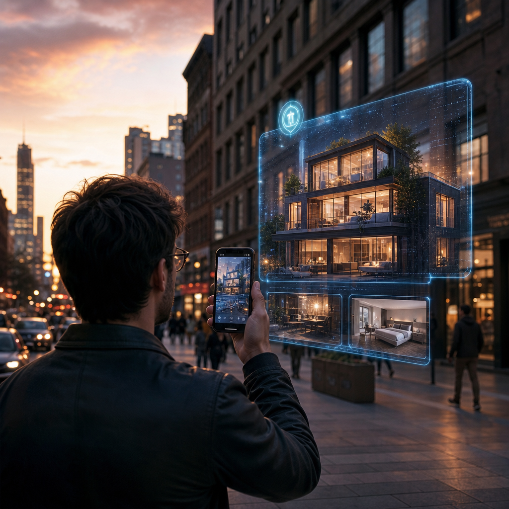 Person on a city street viewing a floating AR real estate advertisement through their phone