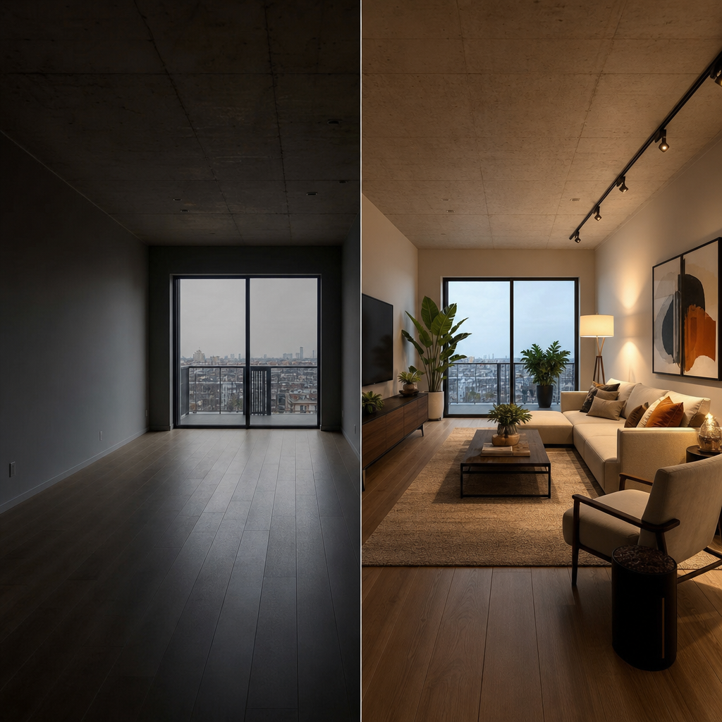 Before and after AR staging of an empty room