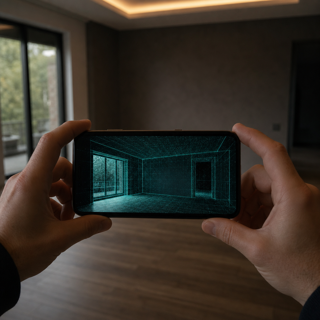 Person scanning an empty room to create a digital twin